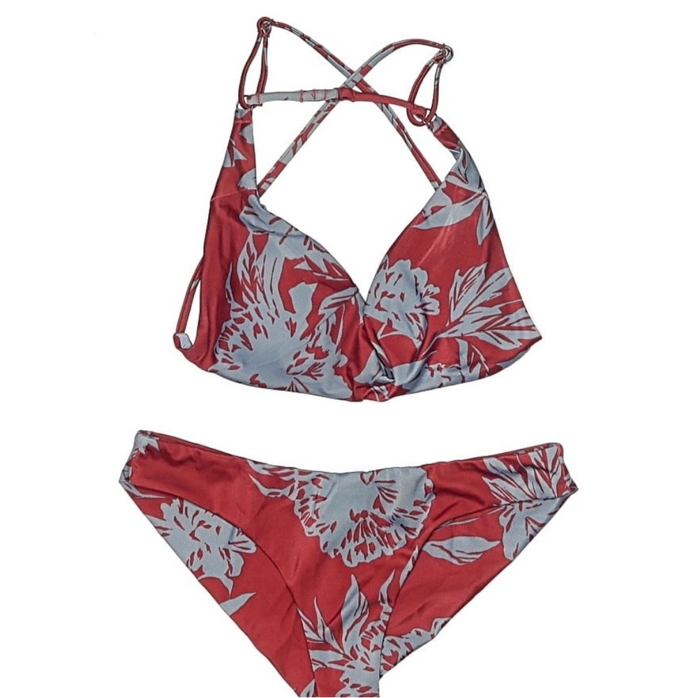 Floral Red and Gray Bikini Set